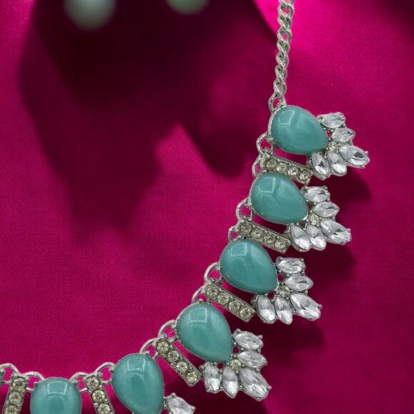 Vintage Turquoise Look & Rhinestone Statement Necklace - Picture 4 of 6